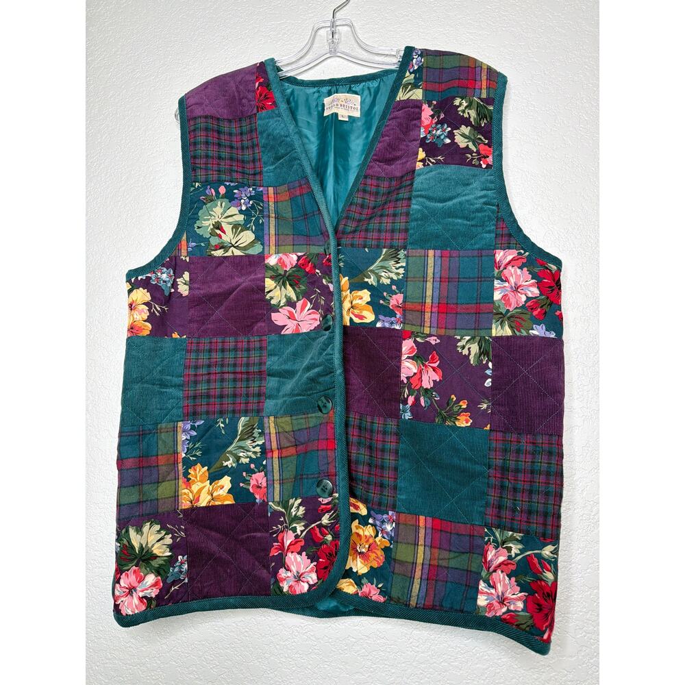 Susan Bristol Quilted Patchwork Vest Teal Floral 90s Women’s  L